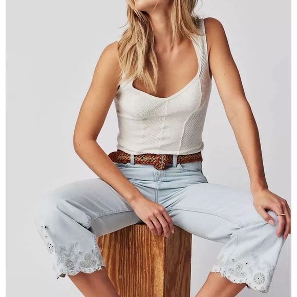 Driftwood Charlee Eyelet Wide Leg Jeans Cropped High Rise NWT Free People - Picture 2 of 8